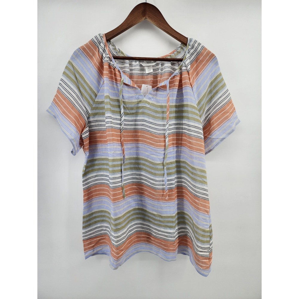 Christopher & Banks Womens XL Striped Tie Neck Short Sleeve Blouse‎ Multi-Color